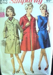 8043 SIMPLICITY 1968 PRINCESS SLEEVELESS DRESS, BELT, 2 BREASTED COAT PATTERN 12 34